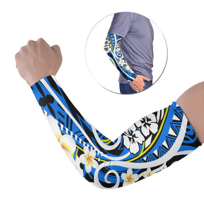 Set of 2 Polynesian arm sleeves in blue, black, and white with floral trim and cuffs