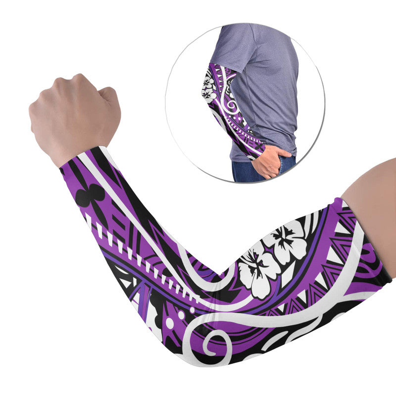 Purple arm sleeves with black-and-white floral tribal print