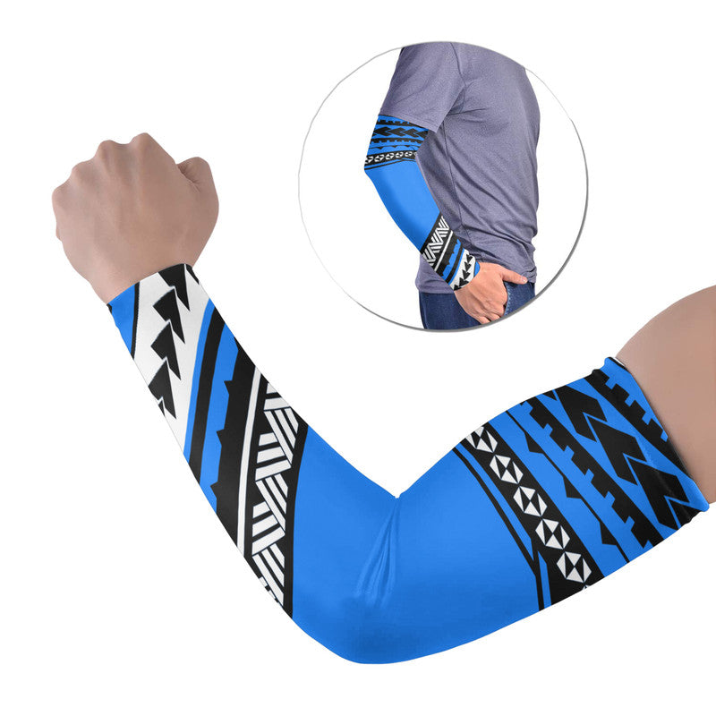 Blue Polynesian arm sleeve with black and white geometric band pattern