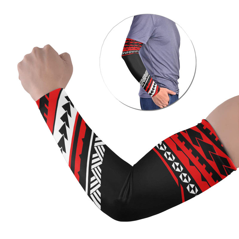 Red and black Polynesian arm sleeves with geometric tribal pattern, stretch fit (set of 2)