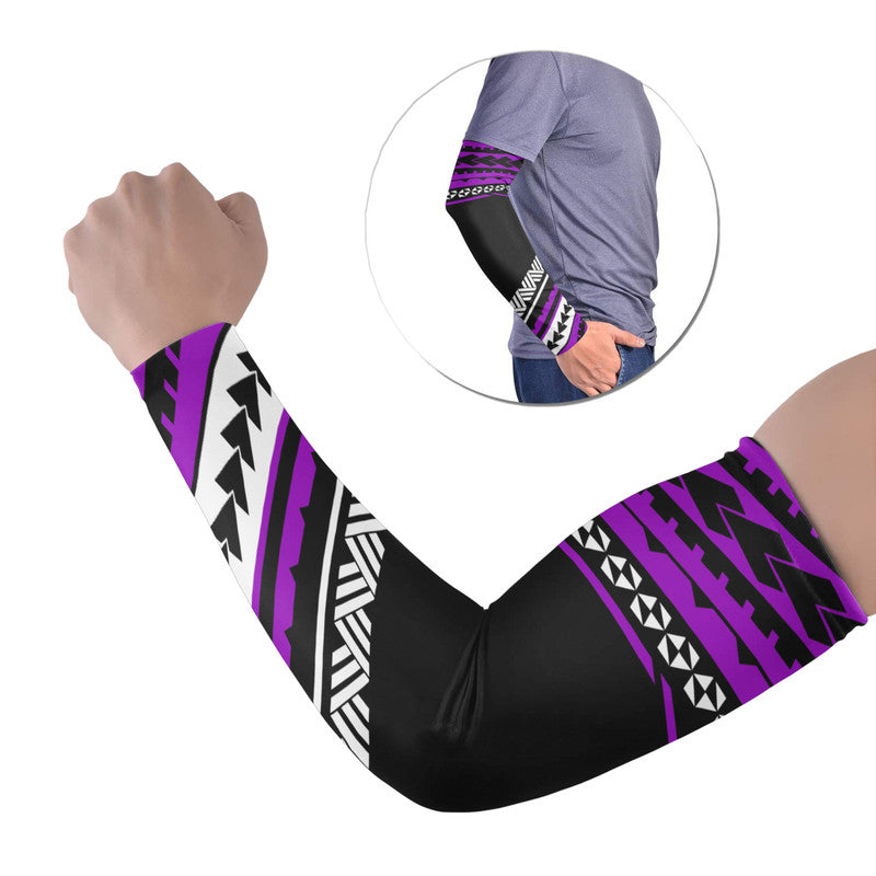 Purple and black geometric arm sleeves, set of 2, with elastic cuff