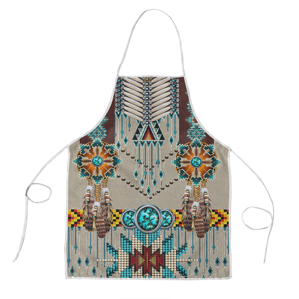 Turquoise blue beaded breastplate apron with geometric front, white straps