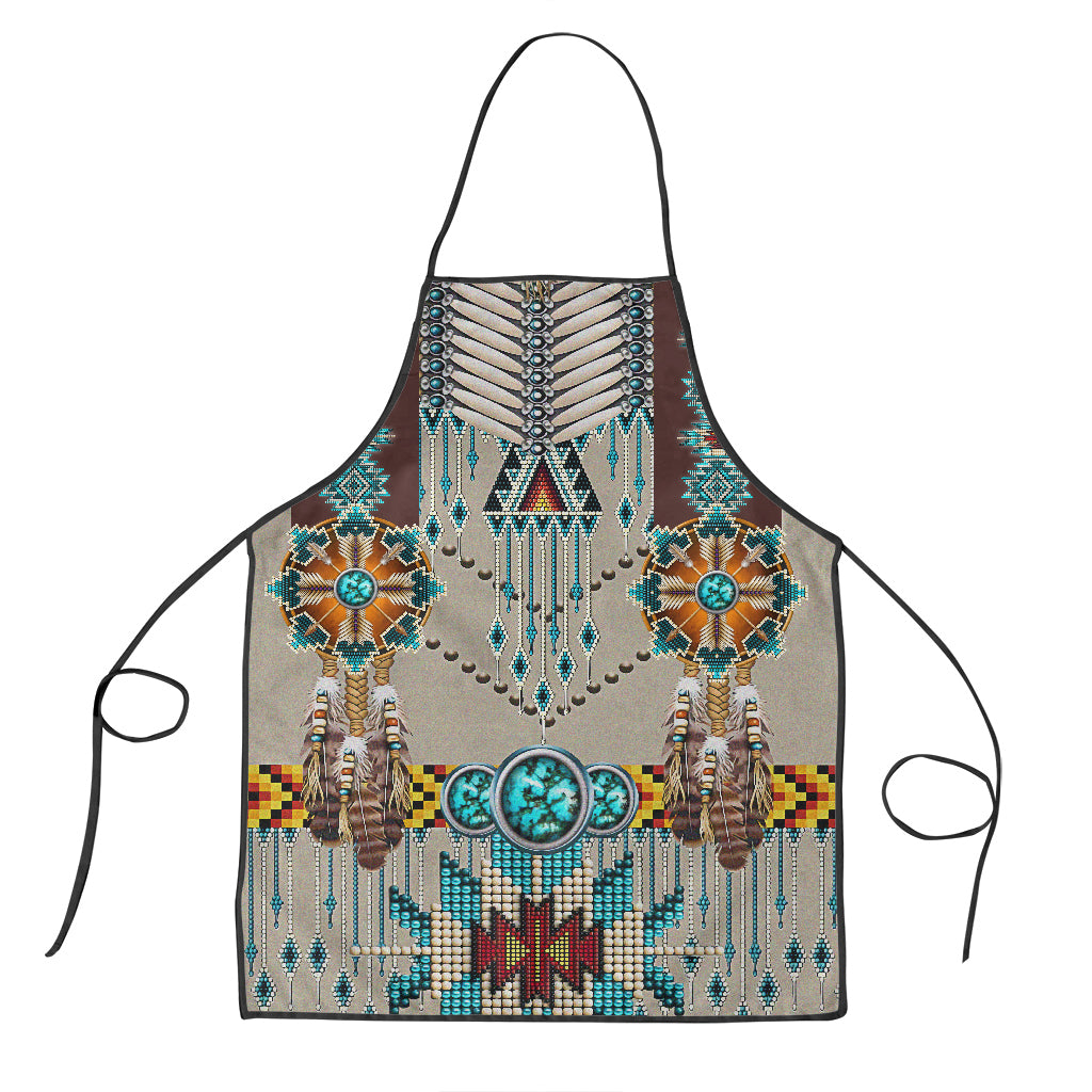 Turquoise blue beaded breastplate apron with geometric front, black straps