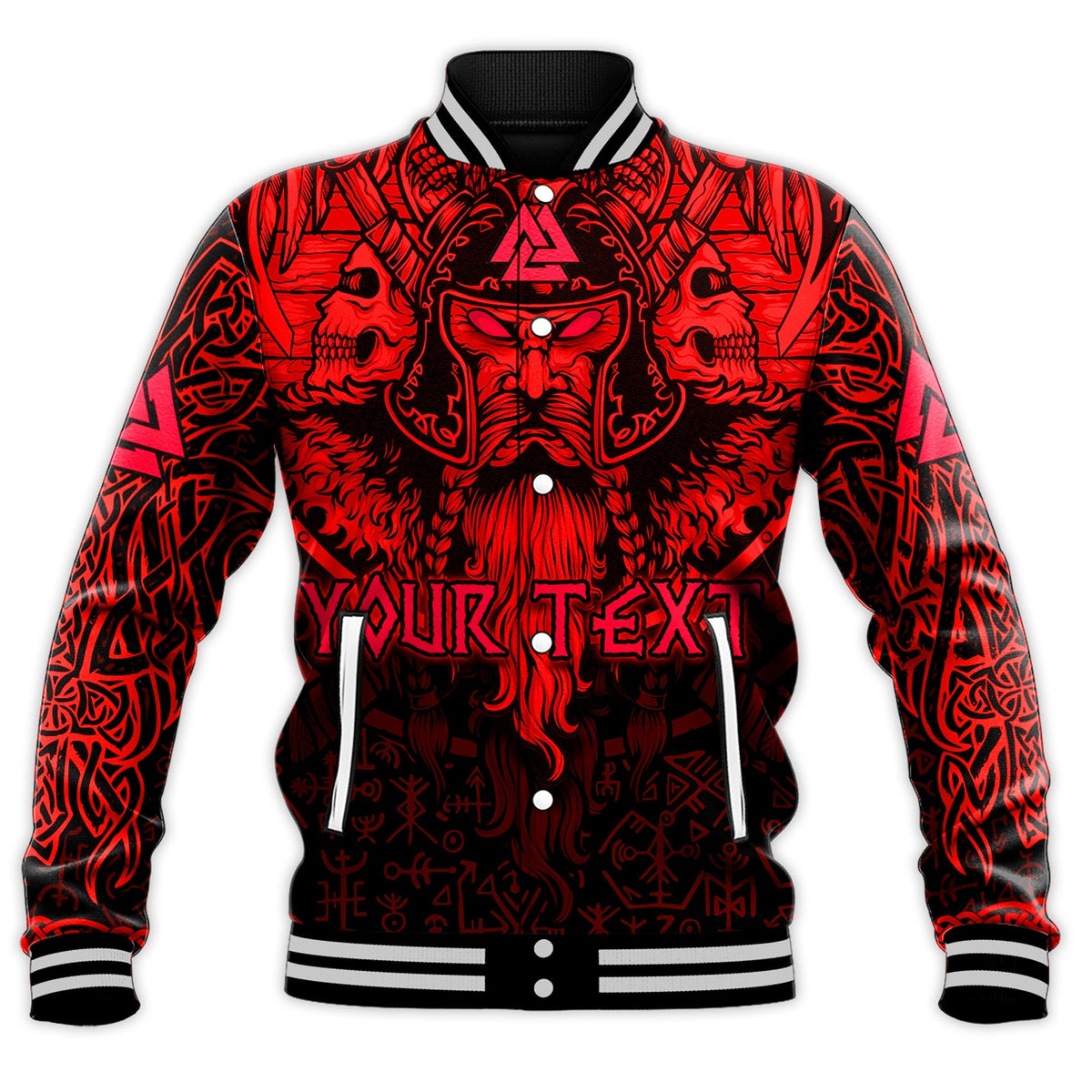 Red and black Viking baseball jacket with front button placket and bold rune skull graphic
