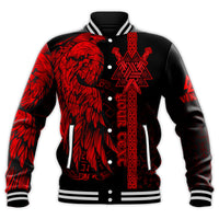 Red and black viking baseball jacket with raven graphic and rune emblem, ribbed cuffs