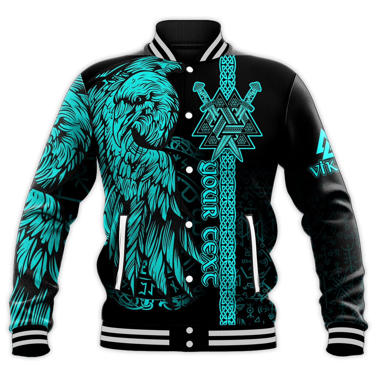 Turquoise raven graphic baseball jacket, black sleeves, ribbed collar and striped cuffs