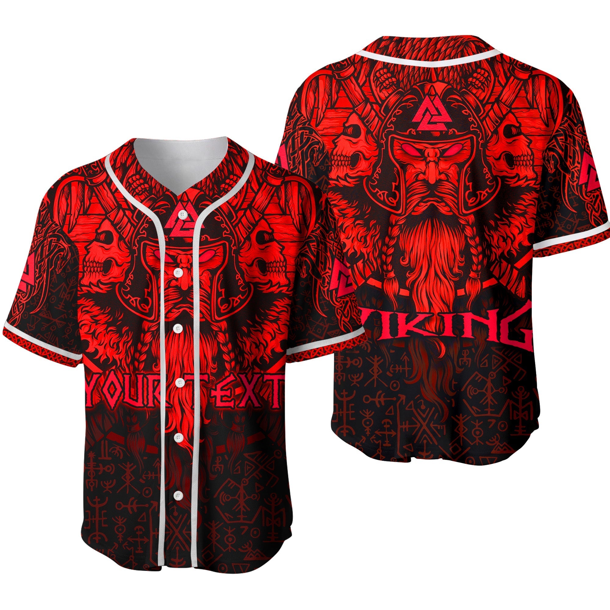 Custom Viking Odin Baseball Jersey Celtic Knot Viking Head With Axes Magical Runes Signs Red Color Ver.02 - Wonder Print Shop