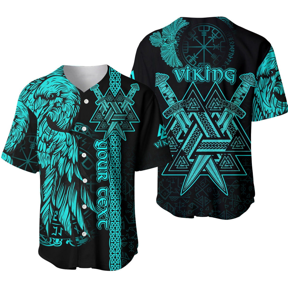 Viking baseball jersey, black with turquoise rune star and raven graphic, button front