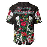 Black baseball jersey with Dia de los Muertos back text and central floral skull graphic