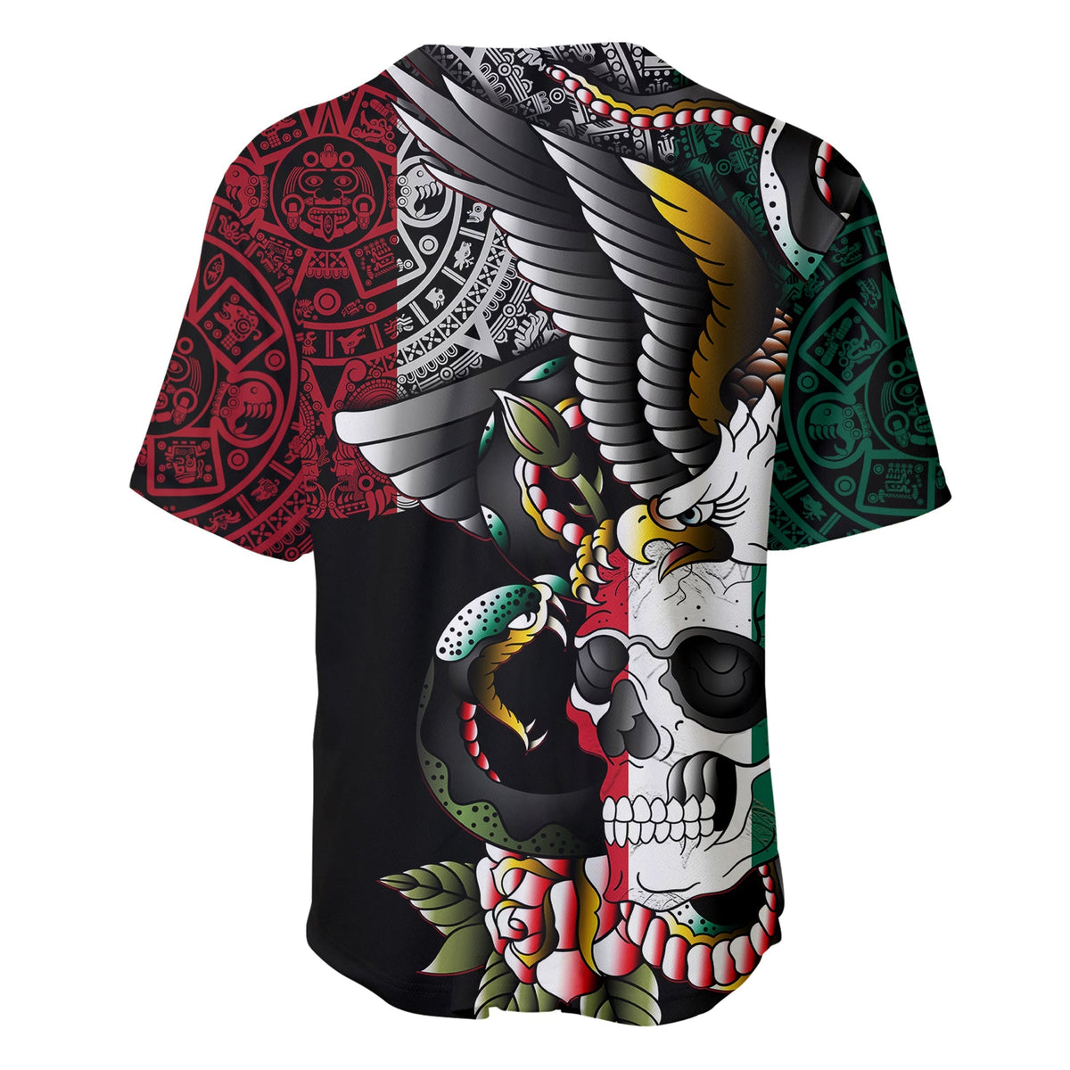 Baseball jersey with short sleeves and button-up collar, black with eagle skull graphic