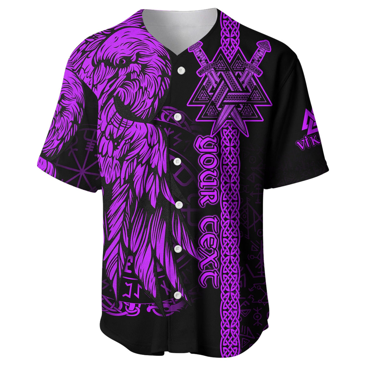 Baseball jersey with purple raven, Valknut, and Celtic knot prints on black