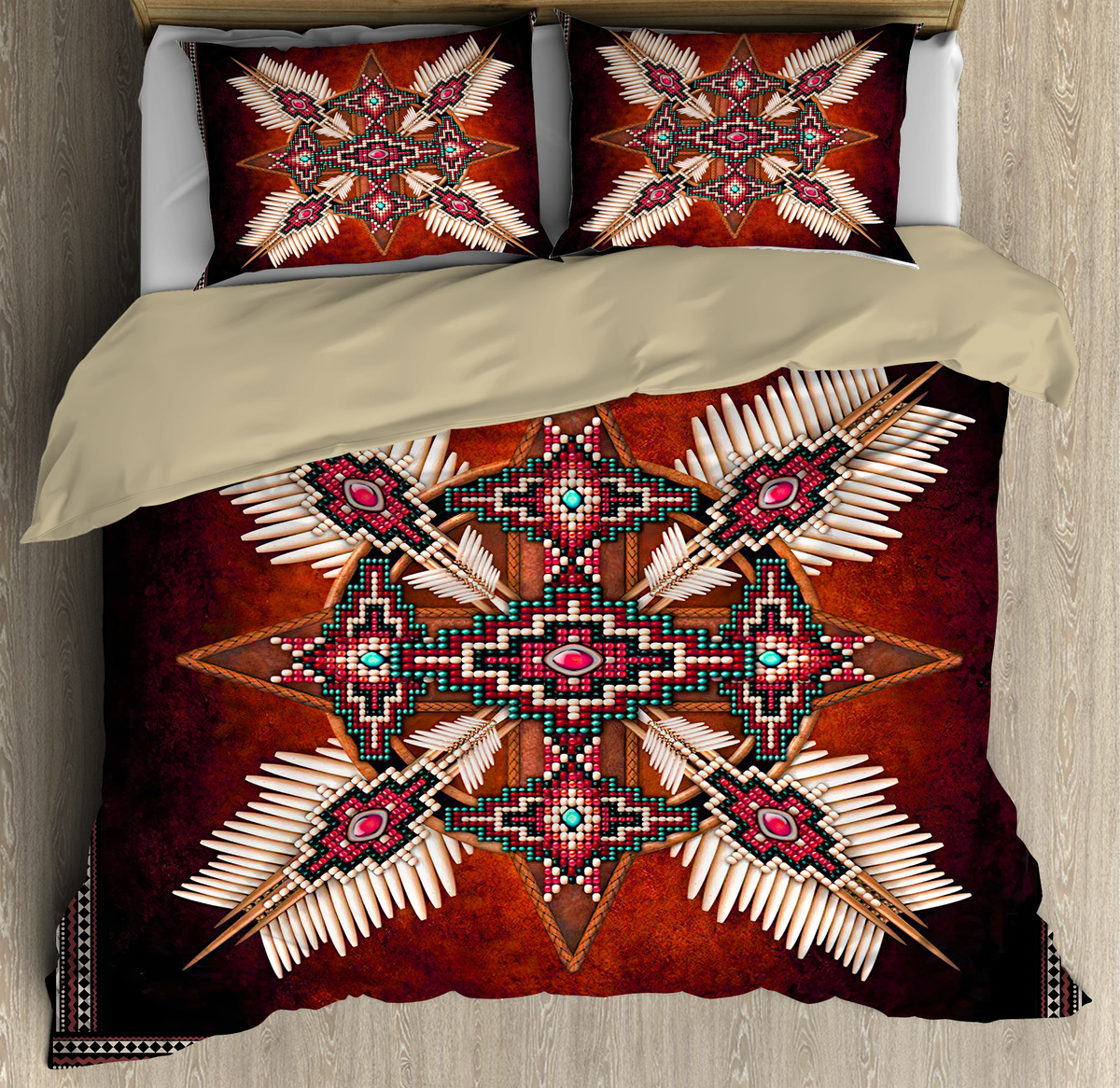 Multicolor geometric printed bedding set with star and feather pattern on duvet and shams
