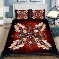 3D native-style bedding set: burgundy comforter with multicolor star/feather motifs and 2 matching pillows