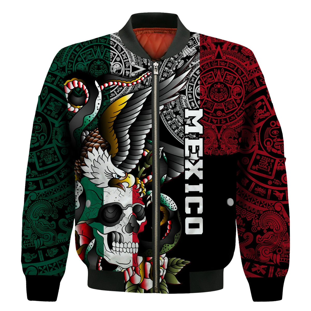 Unisex black bomber jacket with green/red sleeve patterns and eagle skull front graphic.