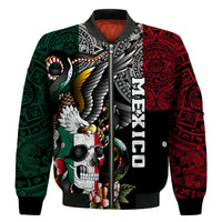 Unisex black bomber jacket with green/red sleeve patterns and eagle skull front graphic.