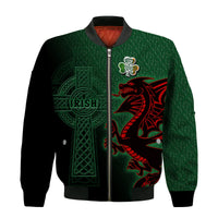 Unisex bomber jacket, green front with shamrock, red dragon graphic, zip-up