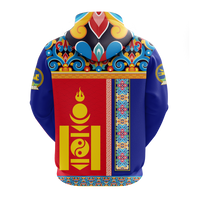 Blue zip hoodie with colorful geometric front panel, hood, and drawstring