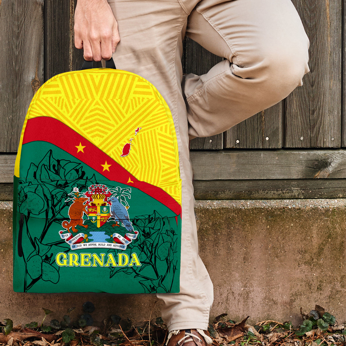 Themed backpack with Grenada flag design, crest, and text GRENADA, yellow and green.