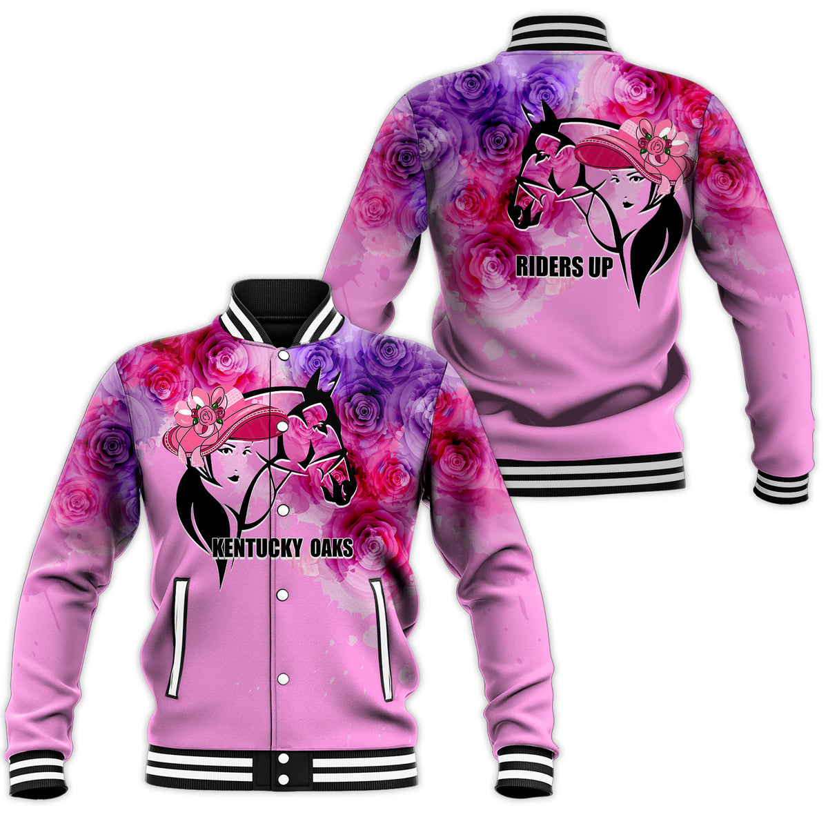 Pink and white baseball jacket with rose graphics and rider silhouette, striped ribbed cuffs and hem.