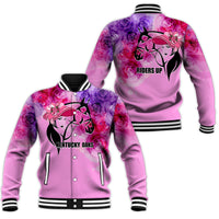 Pink and white baseball jacket with rose graphics and rider silhouette, striped ribbed cuffs and hem.