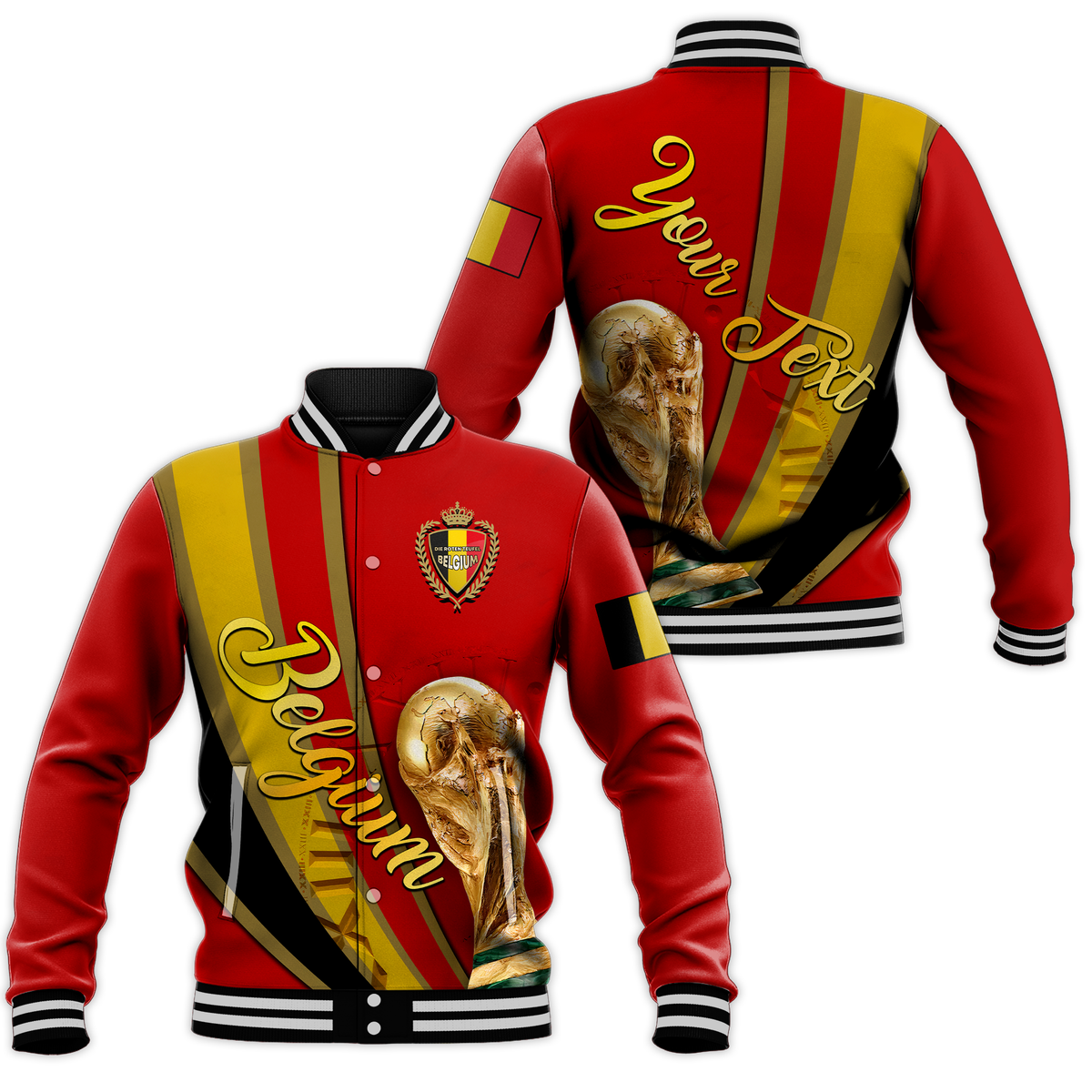 Red baseball jacket with Belgium crest, gold stripes, and front button placket.