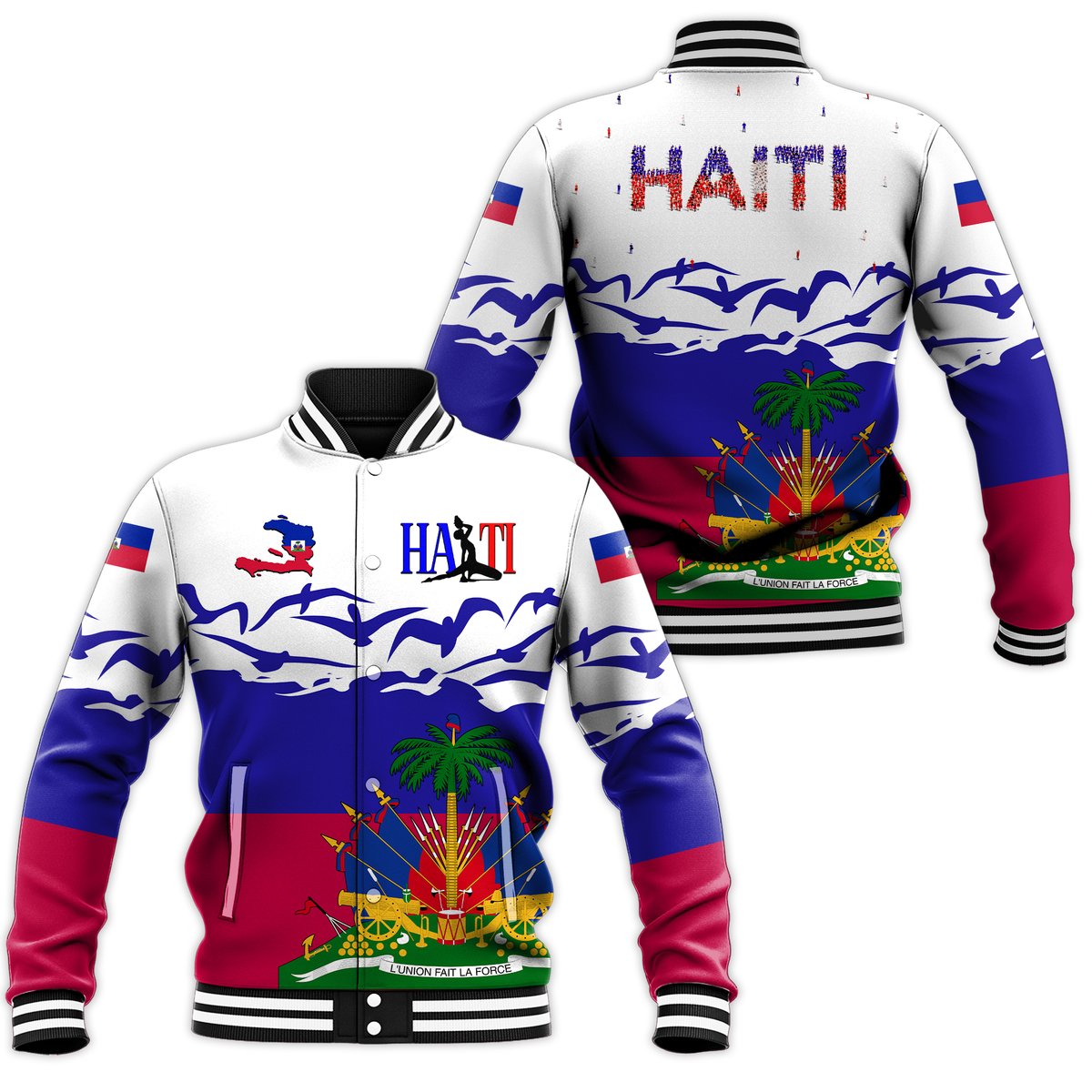 Unisex white baseball jacket with ribbed collar, blue/red graphic, and Haiti text on front and back