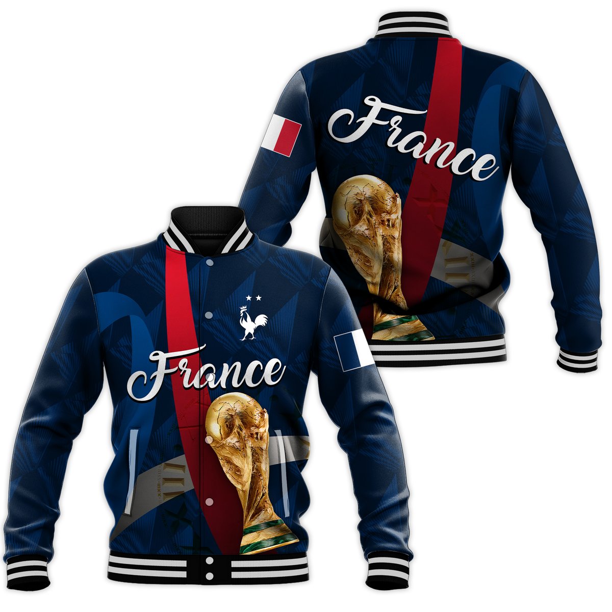 Blue France baseball jacket with varsity striped collar, button front, and trophy graphic