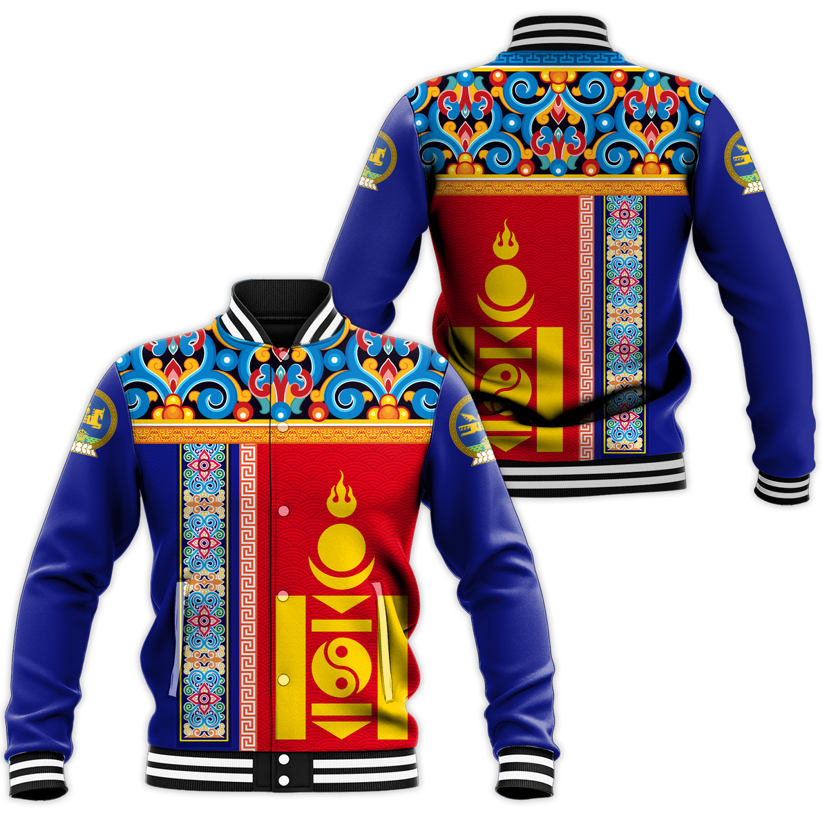 Unisex blue baseball jacket with red front panel, colorful pattern, striped rib trim