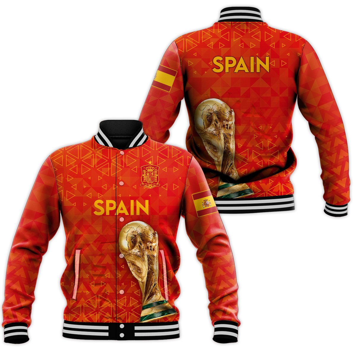 Red Spain baseball jacket with graphic crest, gold mascot, striped rib collar and cuffs