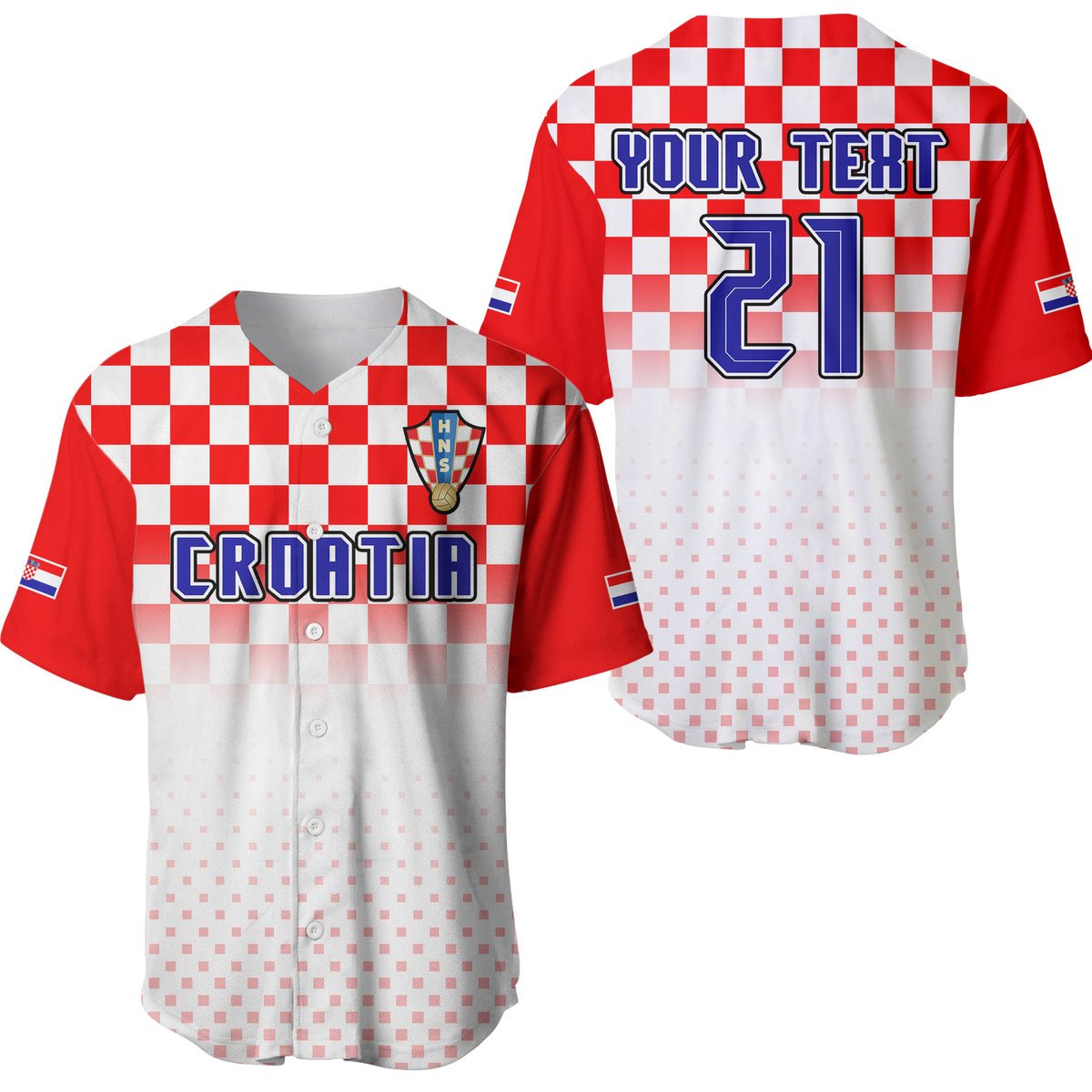 Croatia baseball jersey in red and white checker pattern, button front, CROATIA print