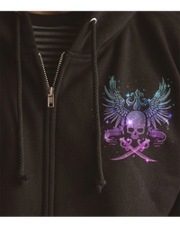 Black hoodie front close-up: zipper and winged skull graphic on chest
