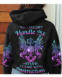 Black hoodie with winged skull graphic and rainbow text on back, hood and sleeves