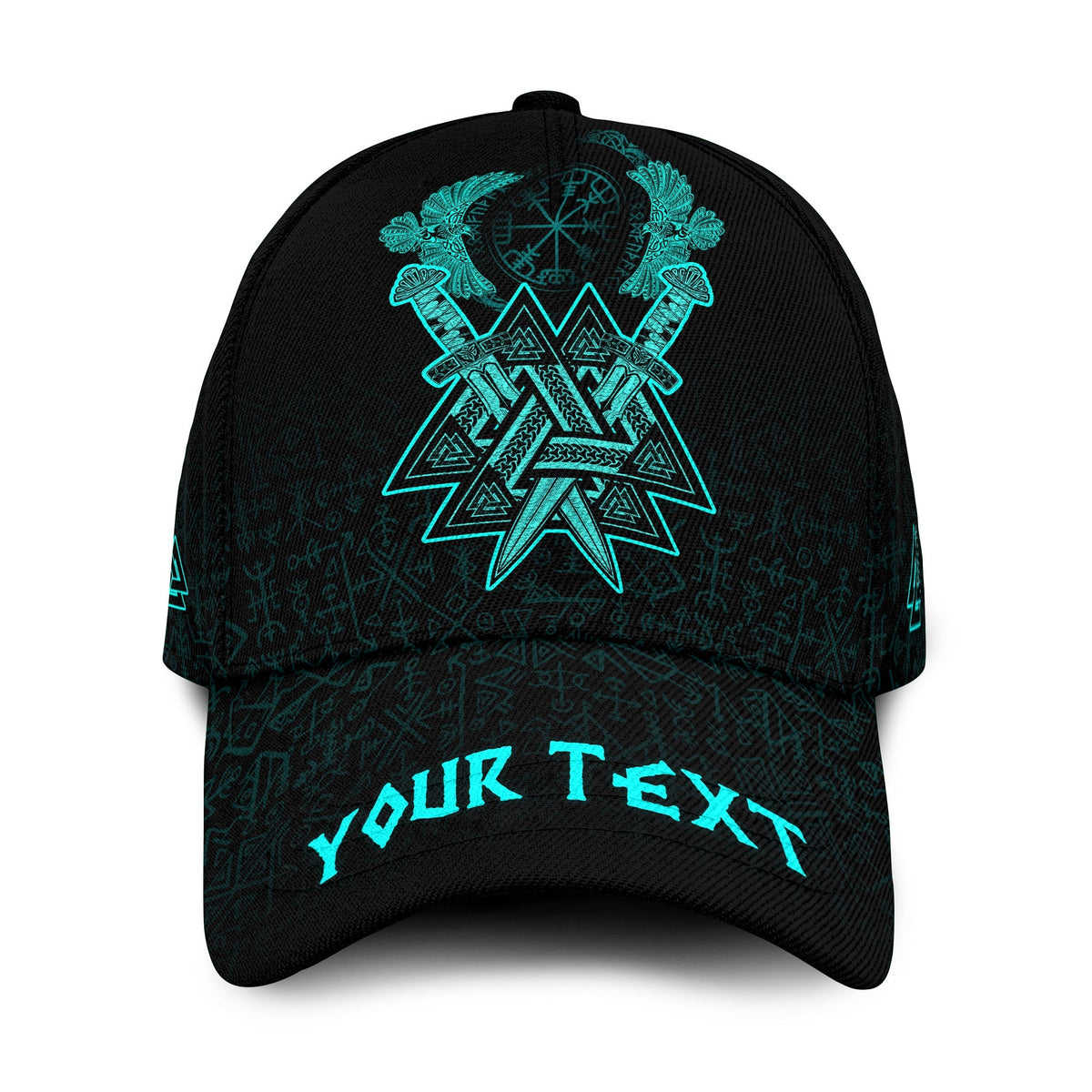 Black classic baseball cap with turquoise Viking-style rune emblem embroidery