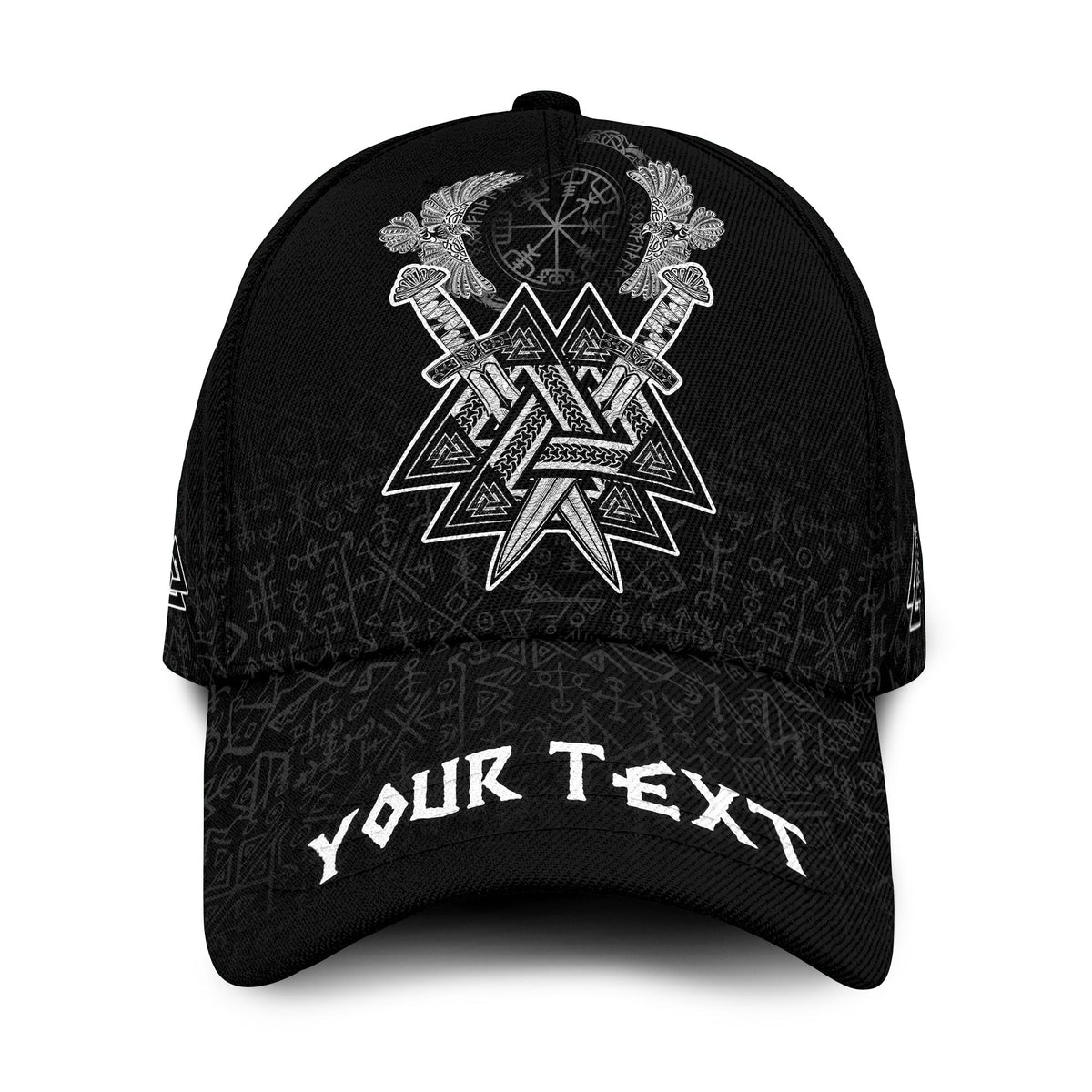 Black baseball cap with embroidered Viking raven emblem and 'YOUR TEXT' front