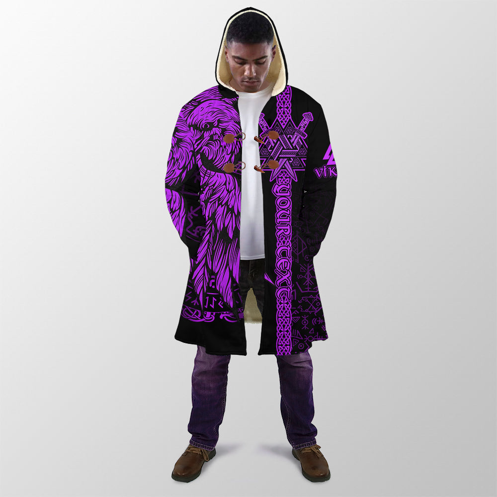 Hooded Viking cloak in purple and black with front emblem and bird motif
