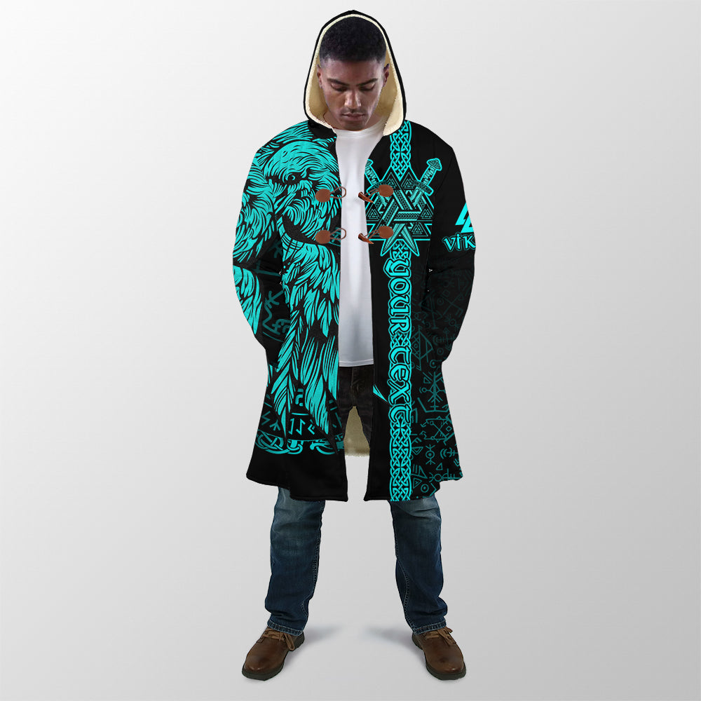 Hooded cloak jacket in black with turquoise raven artwork and rune designs on front