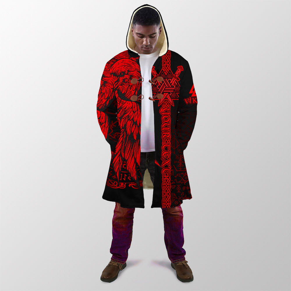 Hooded Viking cloak with red-and-black front print and Celtic-style symbols
