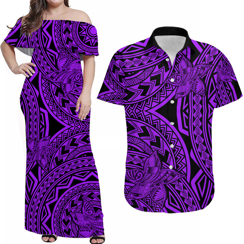 Purple off-shoulder maxi dress and matching Hawaiian shirt with geometric tribal print
