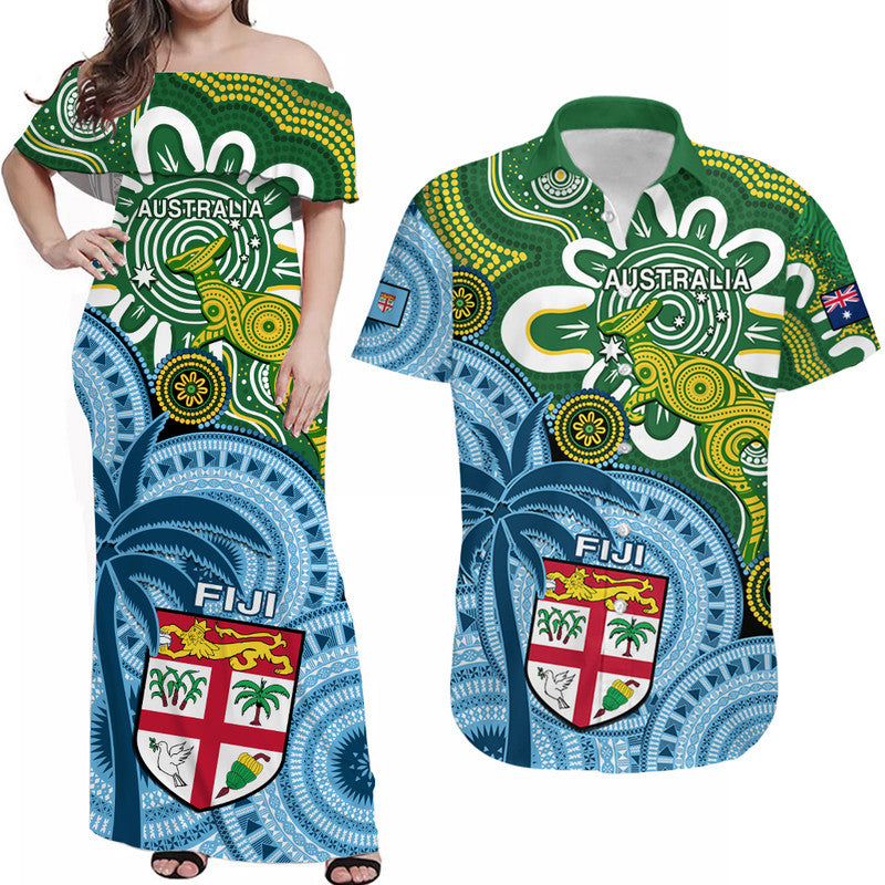 Personalised Matching Outfits For Couples Australia And Fiji Combo Dress And Hawaiian Shirt Aboriginal Mix Fijian Tapa Unique - Wonder Print Shop