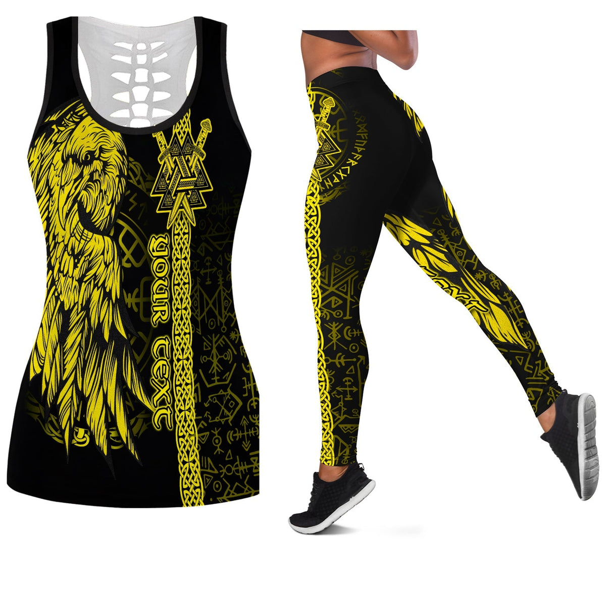 Black hollow tank top and yellow rune-print leggings, front tank and side leg view