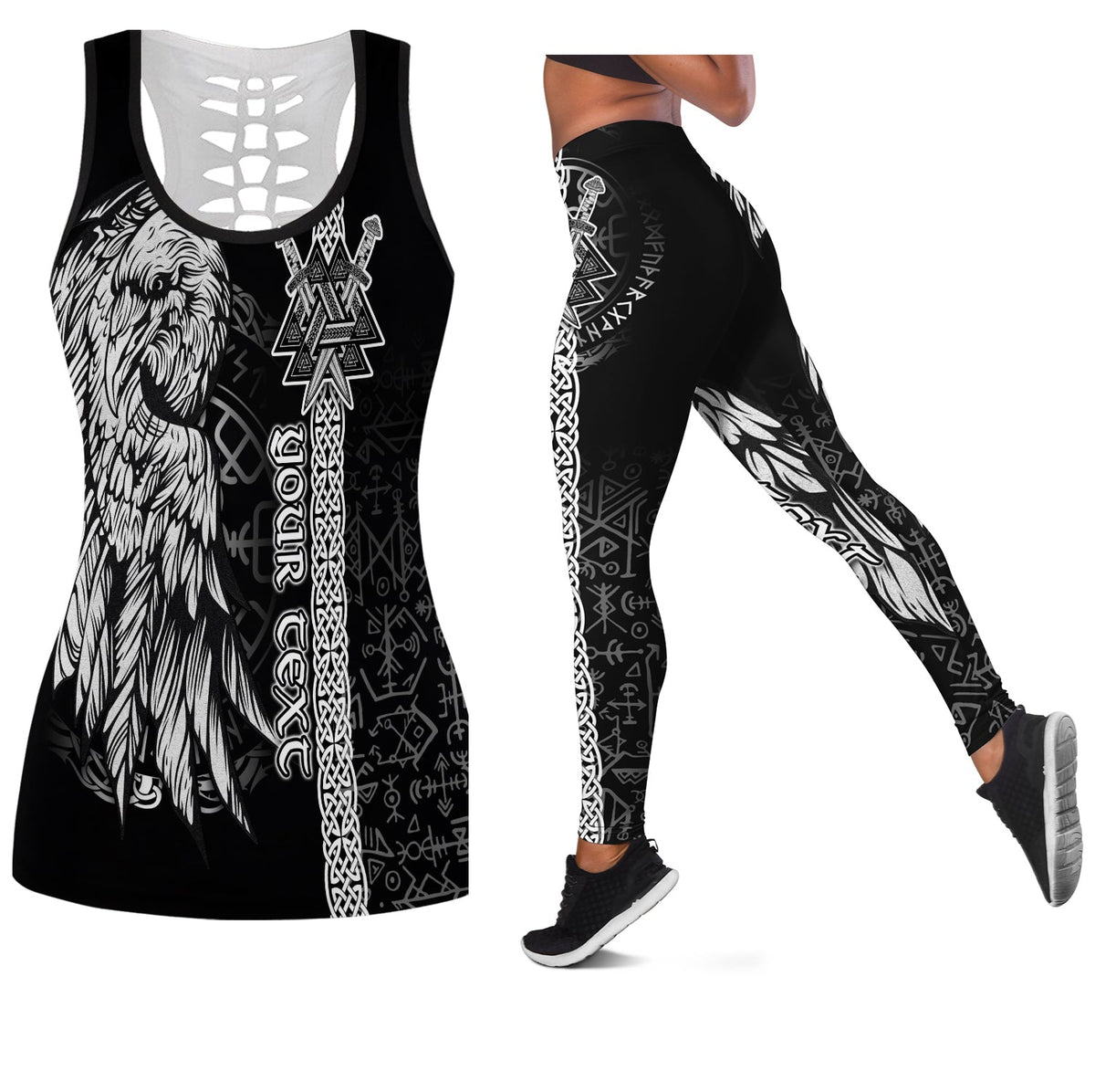 Black sleeveless hollow tank top and leggings set with Viking raven and runes