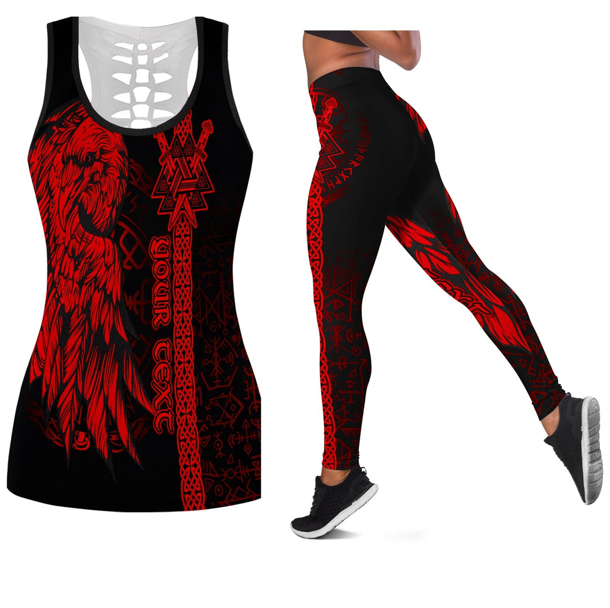 Black and red hollow tank top and leggings set with raven and Viking symbol print