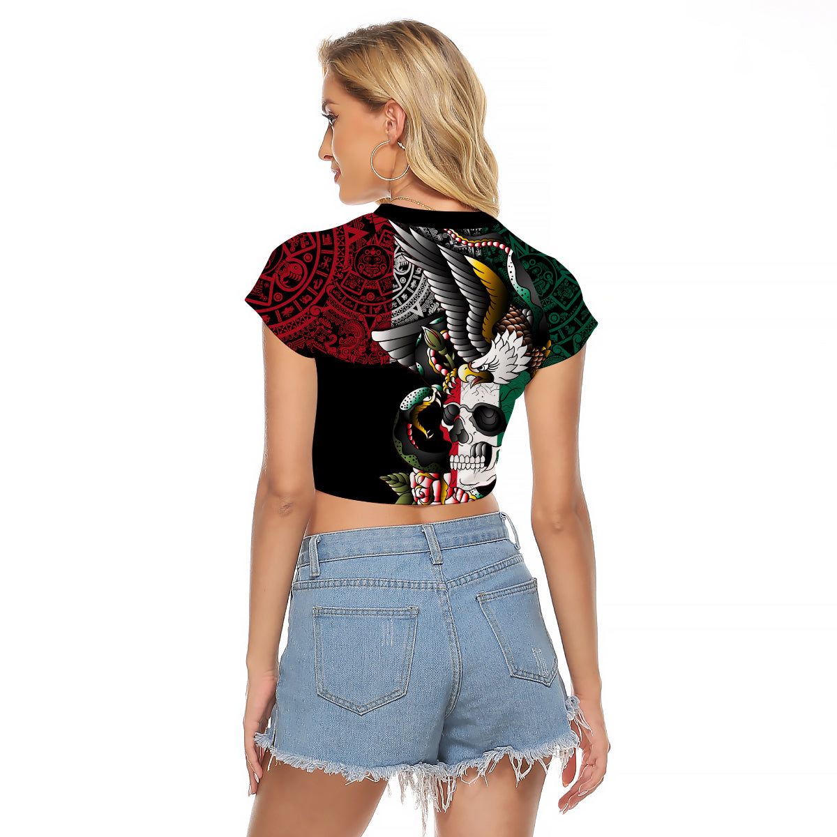 Black cropped raglan T-shirt back graphic with eagle, skull, and angry snake