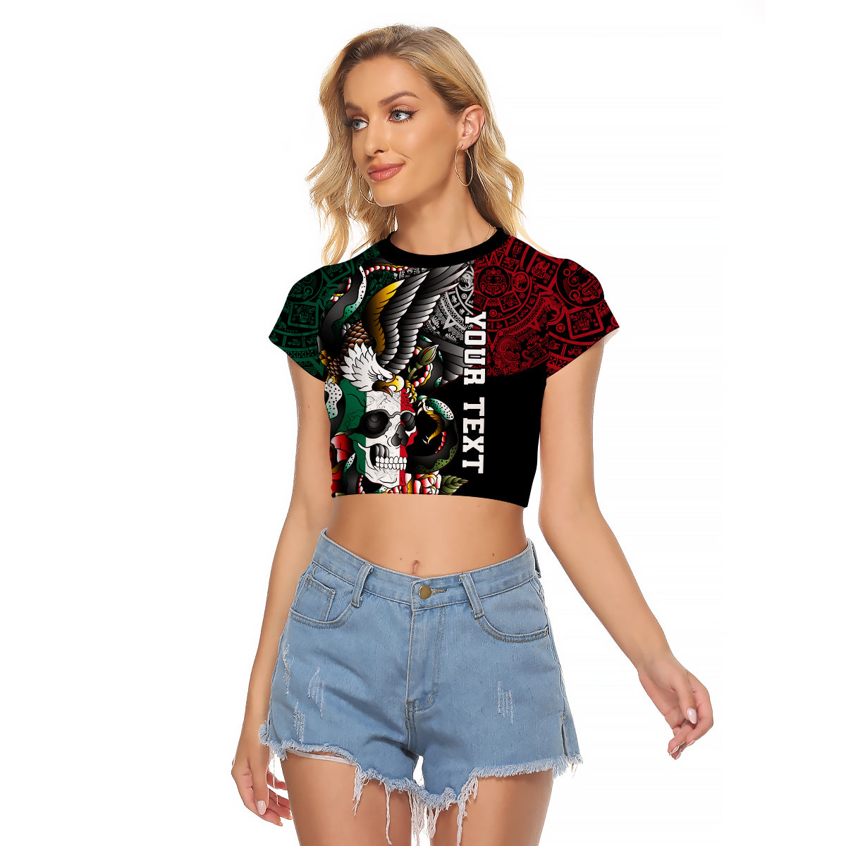 Black cropped raglan T-shirt with colorful skull eagle and snake graphic, short sleeves