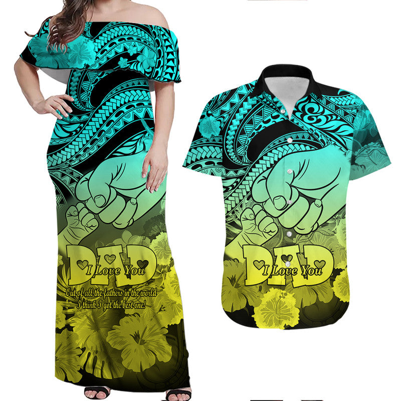 Matching long off-shoulder dress and short-sleeve Hawaiian shirt set, teal-to-lime tribal print