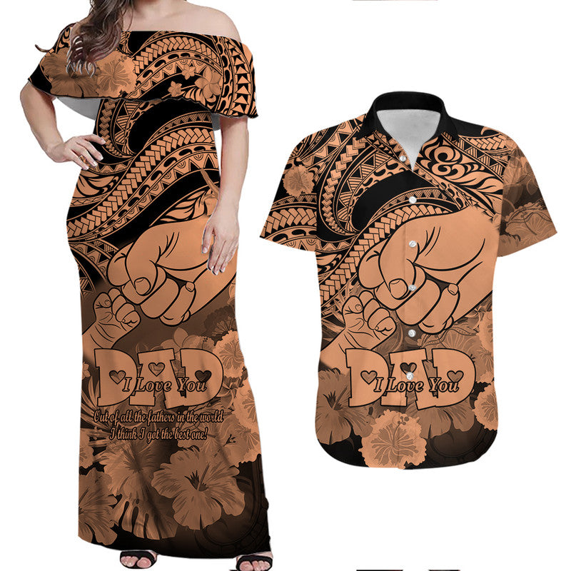 Nude Polynesian long off-shoulder dress and matching short-sleeve Hawaiian shirt, I Love You