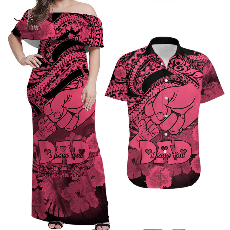 Matching couple long off-shoulder dress and short-sleeve Hawaiian shirt in pink tribal print