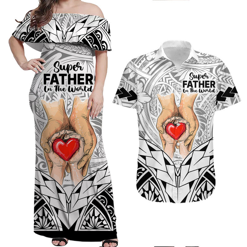 Couple outfit: off-shoulder long dress and Hawaiian shirt with tribal heart-hand print