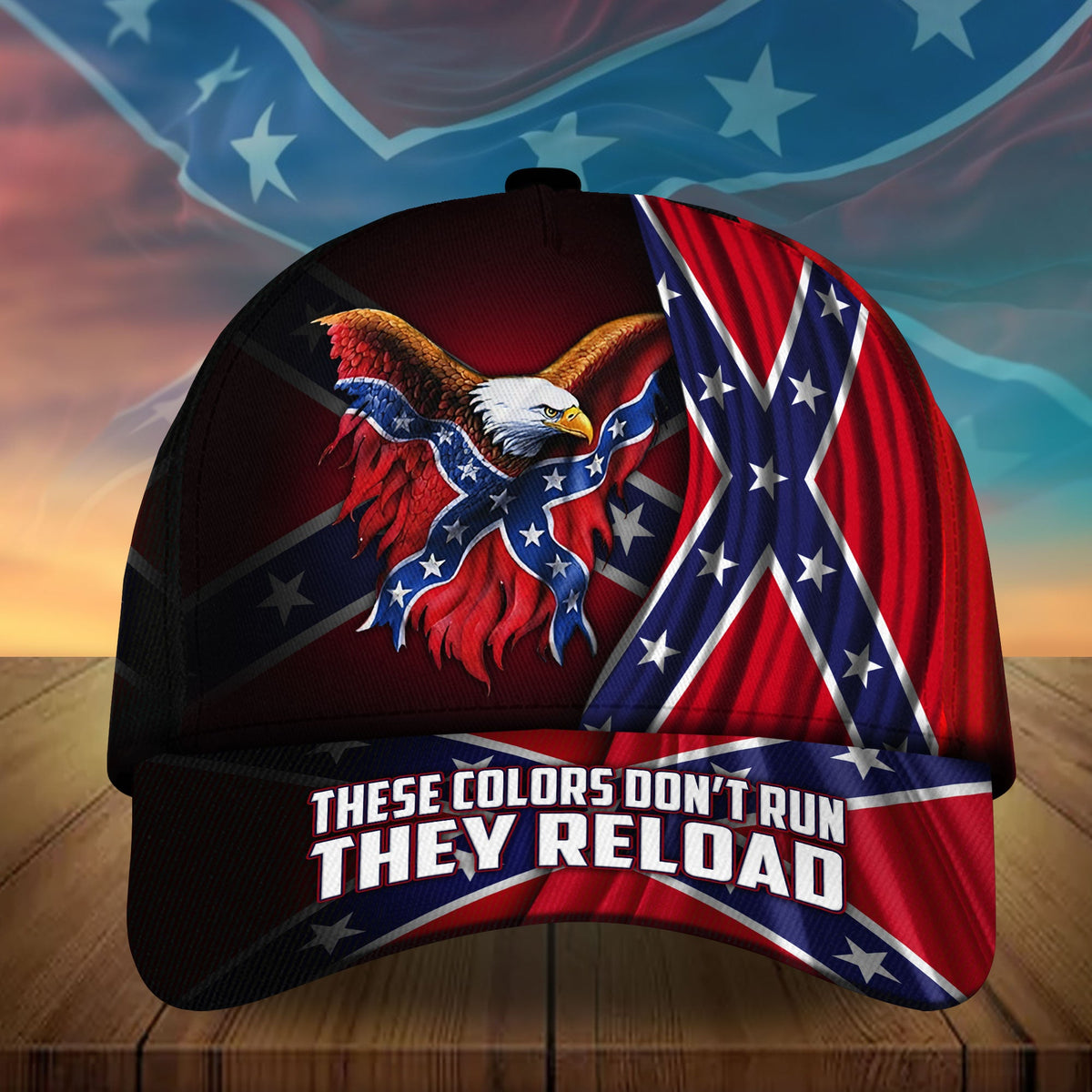 Patriotic baseball cap with eagle and US flag graphic and front slogan
