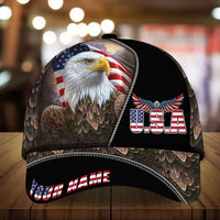 Black baseball cap with bald eagle patch, U.S.A. emblem, and flag-style graphics